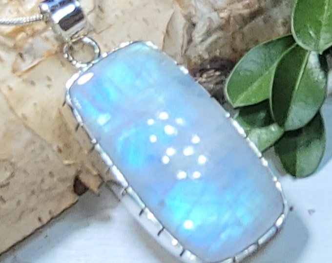 Natural AAA Grade Full Blue Flash Rainbow Moonstone .925 Sterling Silver Pendant 2" x 3/4" 13 Grams AF38