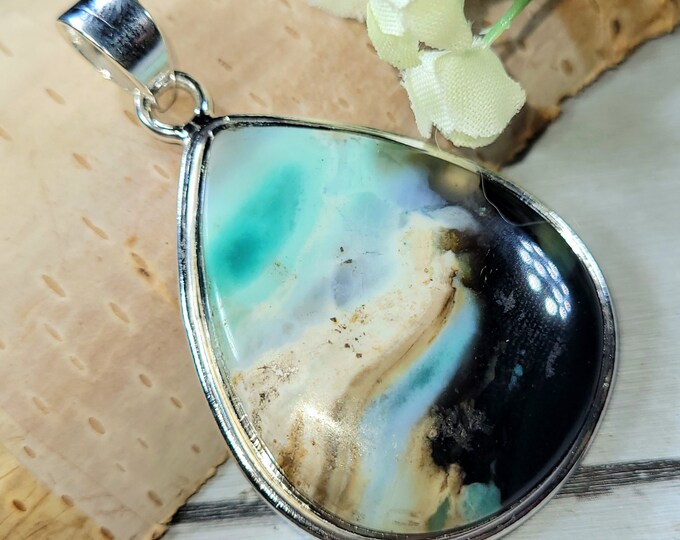 Blue Opal Pendant, Petrified Wood Pendant, .925 Sterling Silver Blue Opalized Petrified Pendant, Sterling Silver Blue Opal Pendant