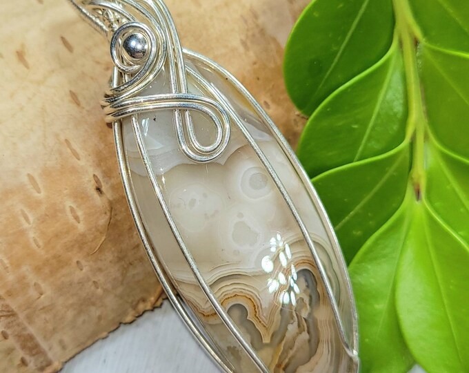 Natural Crazy Lace Agate Pear Wire Wrapped .925 Silver Pendant, Sterling Silver Wire Wrapped Pendants, Handmade Stone Jewelry FD38