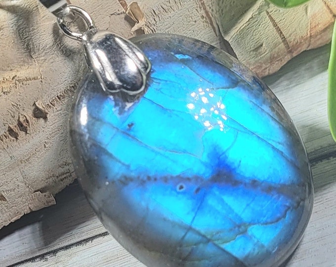 Natural Top Grade Blue Flash Labradorite Oval Cabochon .925 Sterling Silver Pendant 1 1/2" x 7/8" EH46