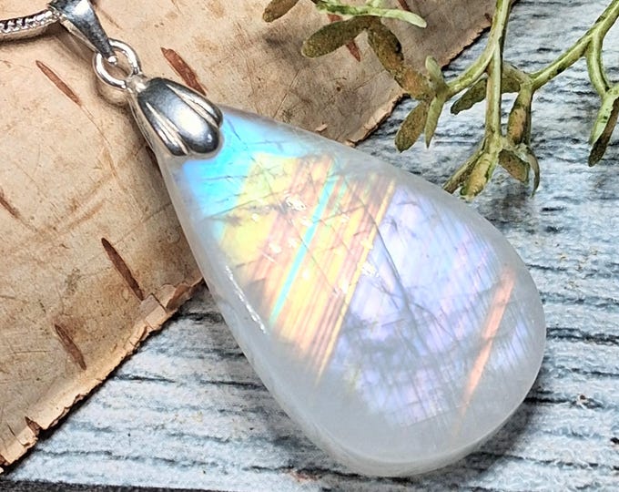 Multi Flash Moonstone Pear Pendant: Sterling Silver Handmade Jewelry KD