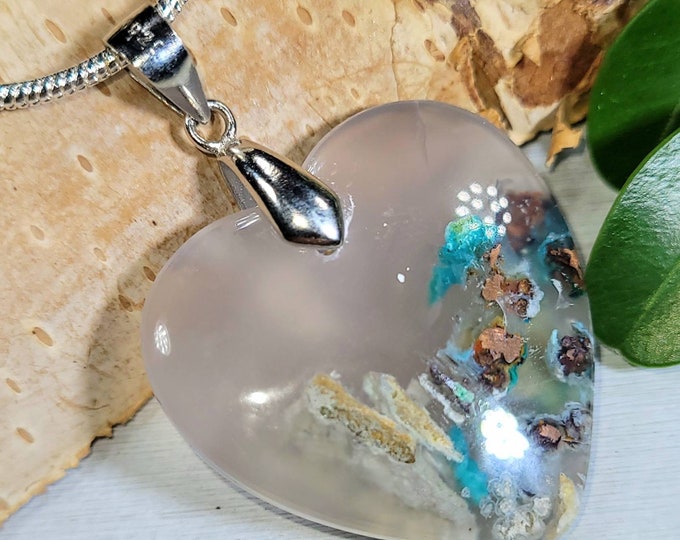 Natural Rare Chalcedony Copper Pendant, Heart Chrysocolla Copper Cabochon Sterling Silver Pendant, Solid Sterling Bail, DN39