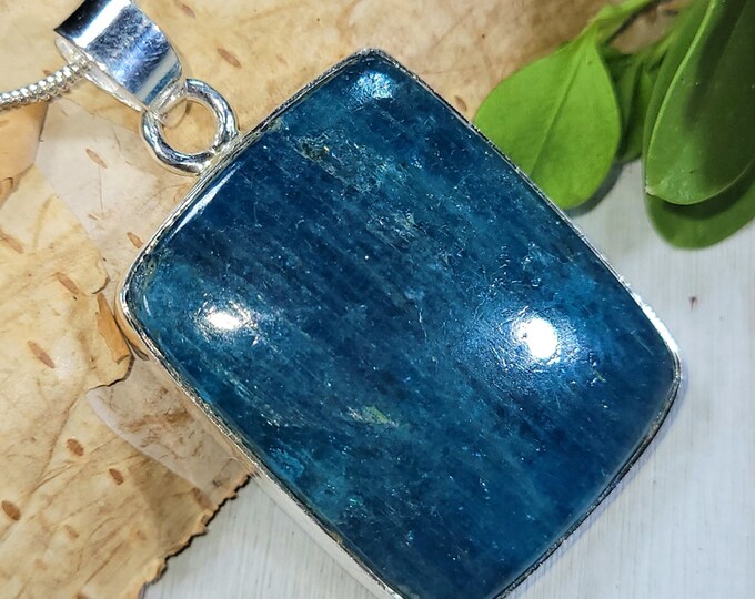 Natural Best Grade Apatite Rectangle Handmade .925 Sterling Silver Pendant 12 grams 1 5/8" x 1" CS33 Gift for Her Solid Sterling Silver