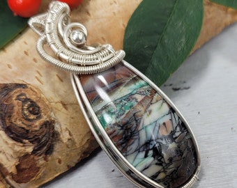 Natural Blue Opalized/Petrified Wood wire wrapped .925 Silver Pendant, Sterling Silver Wire Wrapped pendants, Handmade Stone Jewelry DP40