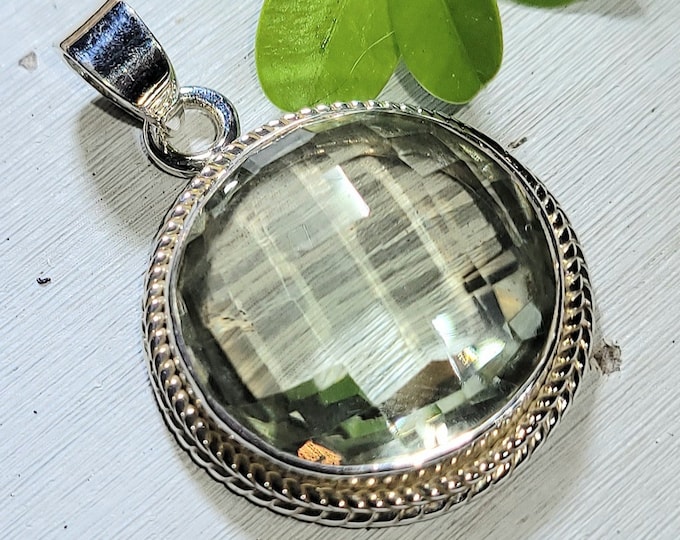 Natural High Grade Rose Cut Green Amethyst  .925 Sterling Silver Pendant 8 grams 1 1/4" x 7/8" AJ05 Eye Clean