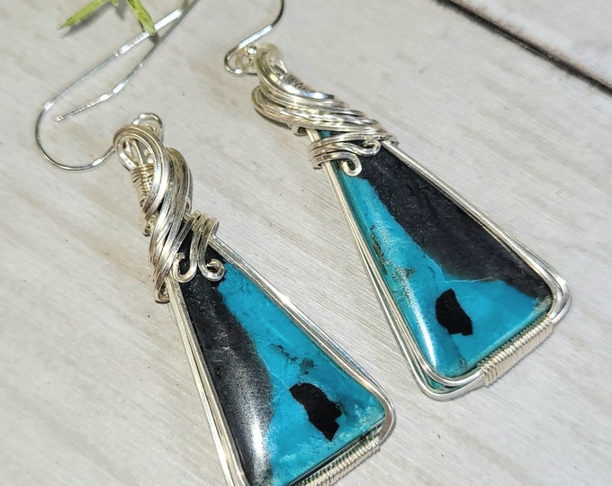 Blue Opalized Earrings, Petrified Wood Earrings, Blue Opalized Sterling Silver Wire Wrapped Earrings , Handmade Earrings GE36, Gift for Her