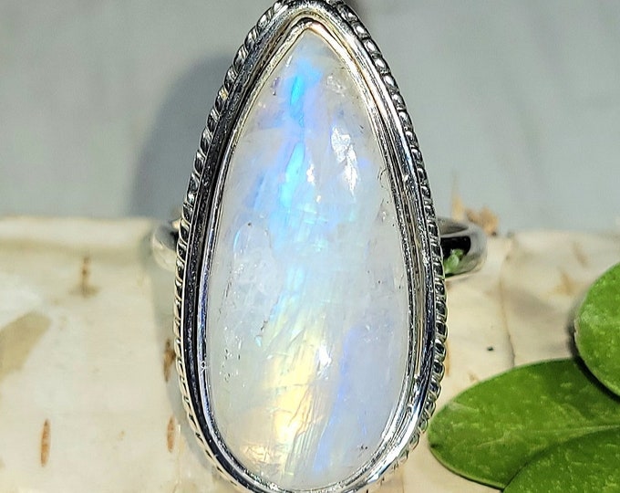 Natural High Grade Blue Flash Moonstone Handmade .925 Sterling Silver Ring Size 6 7 Grams 1 1/8" x 9/16" EX13