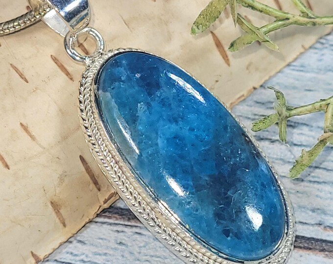 Handmade Sterling Silver Blue Apatite Pendant: Oval Statement Jewelry