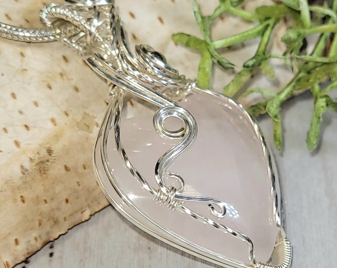 Rose Quartz Pendant, Rose Quartz Heart Wire Wrapped Sterling Silver Pendant, Handmade Rose Quartz Heart Pendant, Statement Pendant, HC28