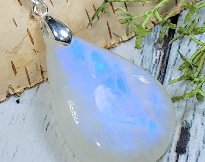 Moonstone Pendant, Blue Flash Moonstone Pear Cabochon Sterling Silver Pendant, Gift for Her, Handmade Moonstone Pendant, HS28