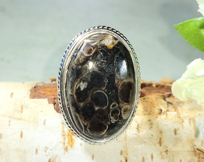Natural Top Quality Large Turritella Agate Oval Handmade .925 Sterling Silver Ring Size 7 Genuine Turritella Jasper Gift for Her DA