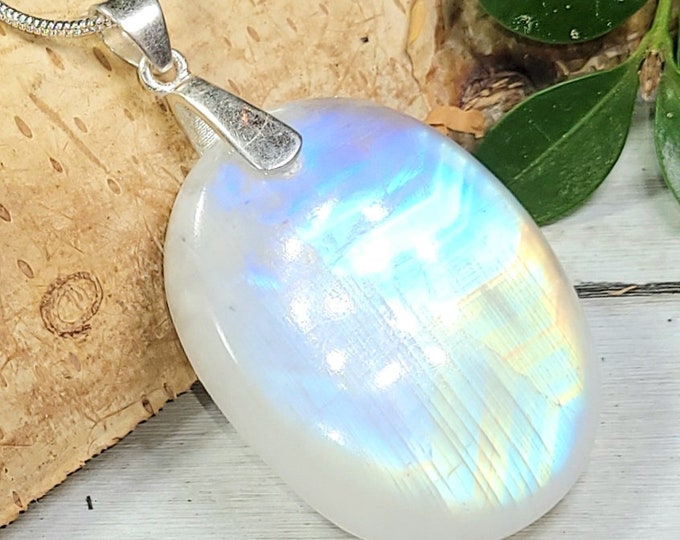 Natural AAAA Rainbow Moonstone Oval Cabochon 50Ct .925 Sterling Silver Pendant Heavy Duty Sterling Silver Bail 1 7/8" x 1" CD33