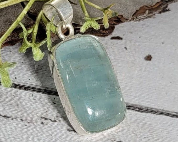Natural Aquamarine Rectangle .925 Sterling Silver Pendant 7 grams 1 1/2" x 11/16" CY27