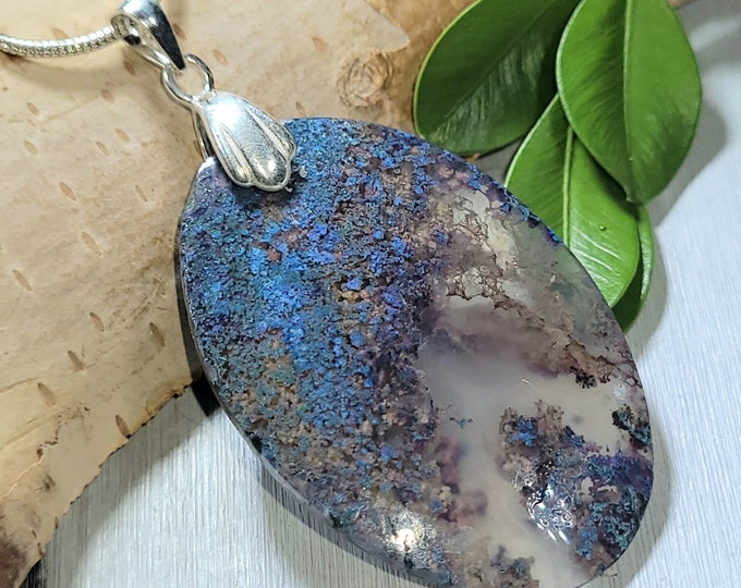 Natural Plume Purple Moss Agate Oval Cabochon .925 Sterling Silver Pendant 2" x 1" CK08 Rhodium Dipped Sterling Silver Bail