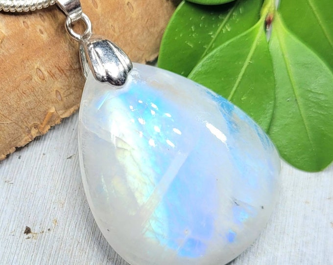 Moonstone Pendant, Rainbow Moonstone Pear Cabochon Sterling Silver Pendant, Multi Color Flash, Gift for Her, Handmade Pendant, FL22