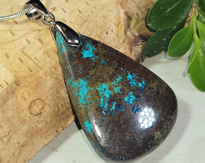 Natural Top Grade Azurite Pear Cabochon .925 Sterling Silver Pendant 2 1/8" x 1 1/8" CE06 Sterling Silver Heavy Duty Bail