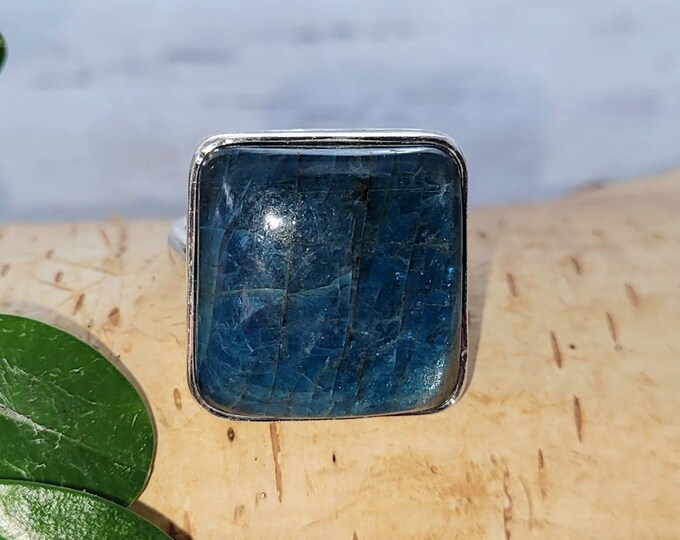 Natural Premium Quality Square Apatite .925 Sterling Silver Ring Size 7.5 Gift for Her DD
