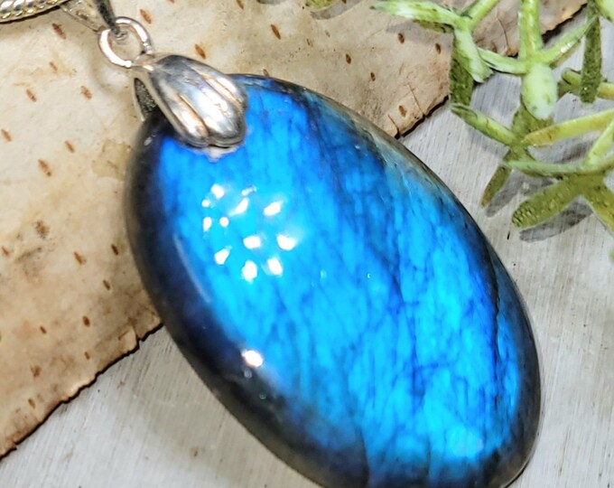 Blue Labradorite Pendant, Blue Labradorite Sterling Silver Pendant, Handmade Oval Labradorite Pendant, Gift for Her, Statement Pendant, HJ36