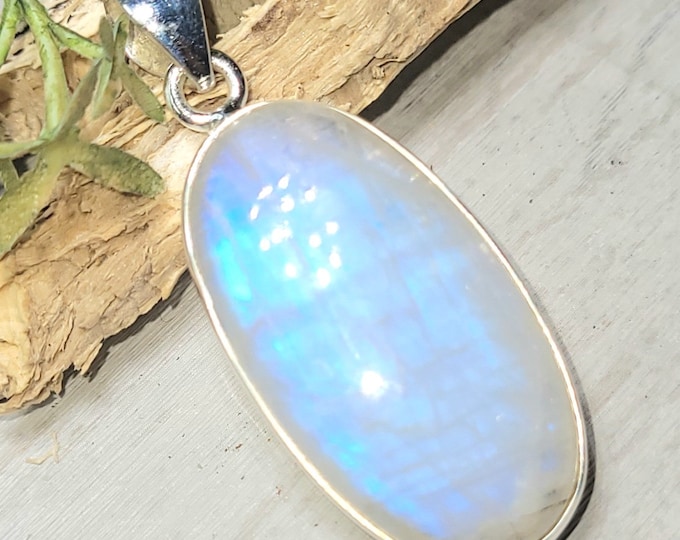 Natural High Grade Blue Flash Rainbow Moonstone Oval Handmade .925 Sterling Silver Pendant 1 11/16" x 11/16" 8 Grams GE04