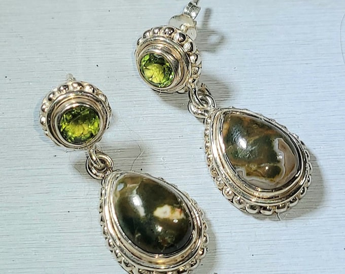 Natural Turtella Jasper, Peridot .925 Sterling Silver Post Earrings 1 3/16" x 1/2" EJ42
