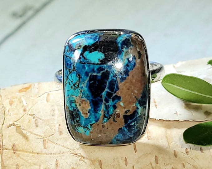 Natural Rare Shattuckite Handmade Rectangle .925 Sterling Silver Ring Size 9 7 Grams Face 3/4" x 5/8" AT35