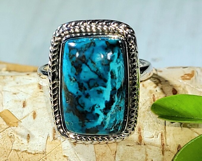 Natural High Quality Shattuckite Handmade Rectangle .925 Sterling Silver Ring Size 5.5 6 Grams Face 11/16" x 1/2" CB30