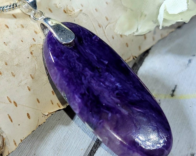 Natural AAA Charoite Oval Cabochon .925 Sterling Silver Pendant 8 grams measures 2" x 11/16" EA35 Custom Fit Sterling Silver Heavy Duty Bail