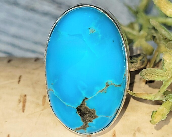Arizona Turquoise Sterling Silver Ring Size 9, Oval Arizona Turquoise Ring; JS