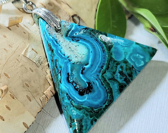 Natural Top Grade Malachite Chrysocolla Cabochon .925 Sterling Silver Pendant 1 1/2" x 1 1/4" ET10