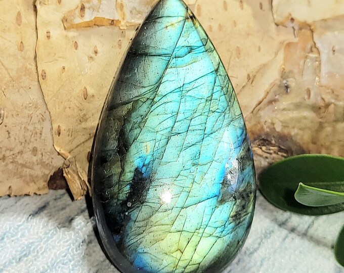 Natural Top Grade Blue Green Labradorite Pear Cabochon 35ct 7 Grams 36mm x 20mm Wire Wrapping, Weaving or Pendant, Collector AK17