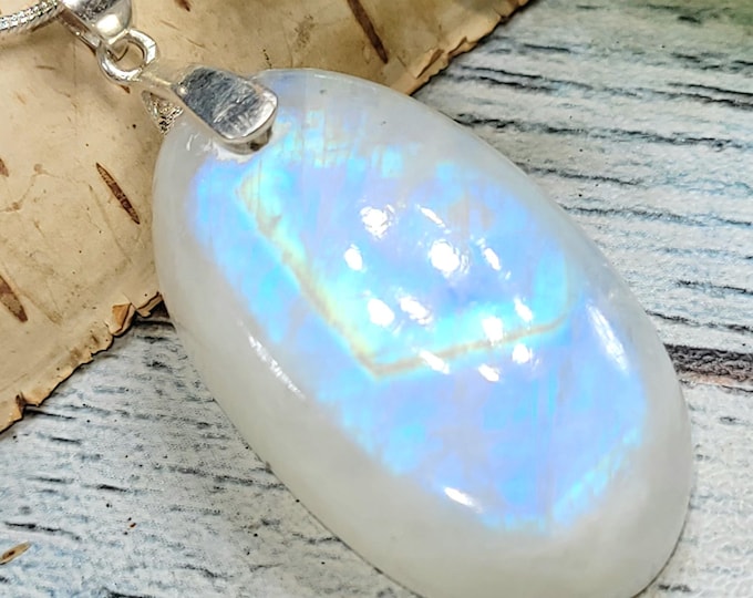 Moonstone Pendant, Rainbow Moonstone Oval Cabochon Sterling Silver Pendant, Multi Color Flash, Gift for Her, Handmade Pendant, JH25