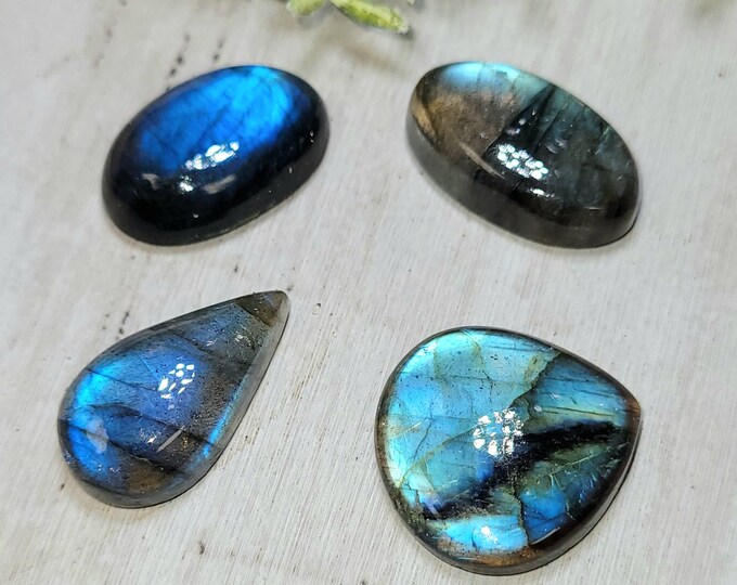 Natural Premium Multi Flash Labradorite Cabochons 63.50ct 4 Stone Lot Wire Wrapping, Weaving, or Rings, HK17, Mixed Shapes, Sizes