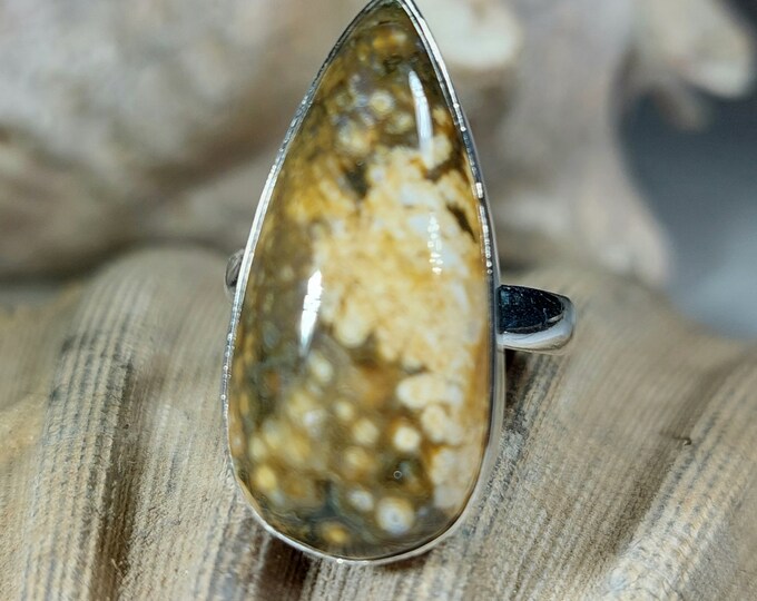 Natural Premium Grade Ocean Jasper Ring, Genuine Ocean Jasper Ring set in .925 Sterling Silver, Size 8 3/4