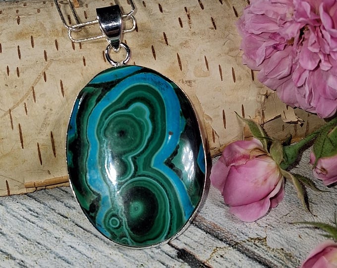 Chrysocolla Malachite Sterling Silver Pendant: Chrysocolla Malachite Handmade Pendant, Statement Jewelry, KE03