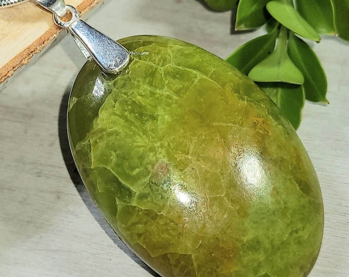 Natural Rare Australian Green Opal Cabochon .925 Sterling Silver Pendant 2 1/8" x 1 1/8" Heavy Duty Custom Bail EM09