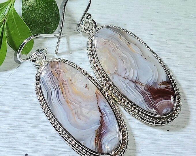 Natural Best Grade Crazy Lace Agate Oval Handmade .925 Sterling Silver Earrings 12 Grams 1 3/4" x 5/8" AQ21