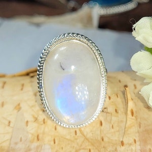 Moonstone Ring, Rainbow Moonstone Sterling Silver Ring Size 9.5, Handmade Moonstone Ring, Statement Ring, Gift for Her, Boho Ring, DC
