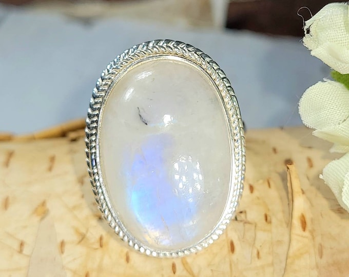 Moonstone Ring, Rainbow Moonstone Sterling Silver Ring Size 9.5, Handmade Moonstone Ring, Statement Ring, Gift for Her, Boho Ring, DC