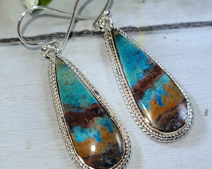 Blue Opal Earrings, Petrified Wood Earrings, .925 Sterling Silver Blue Opalized Petrified Earrings, Sterling Silver Blue Opal earrings