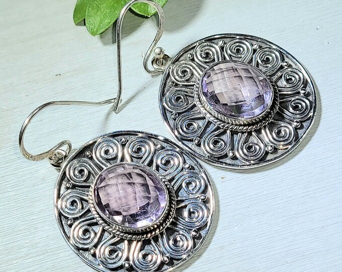 Natural High Quality Checkerboard Cut Pink Amethyst  .925 Sterling Silver Earrings 12 Grams 1 3/4" x 1" X01 Eye Clean