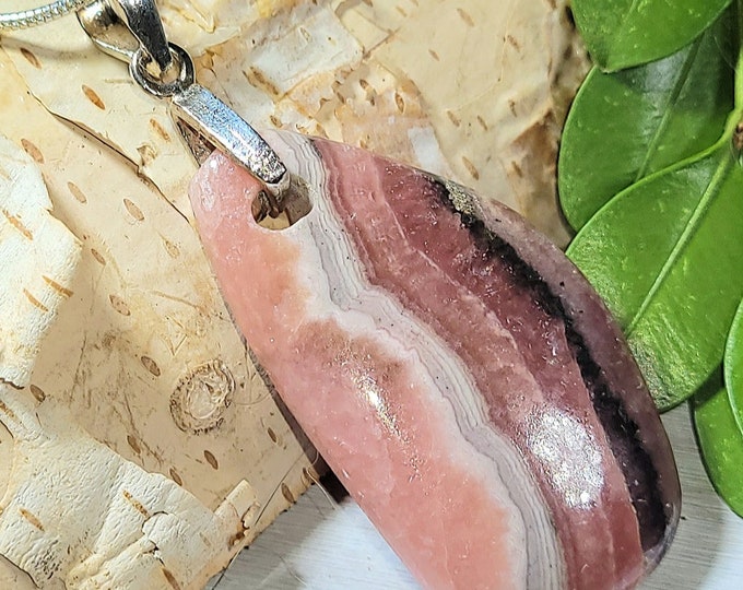 Natural Top Grade Rhodochrosite Freeform Cabochon  .925 Sterling Silver Pendant 2 1/8" x 13/16" G24 Sterling Silver Heavy Duty Bail