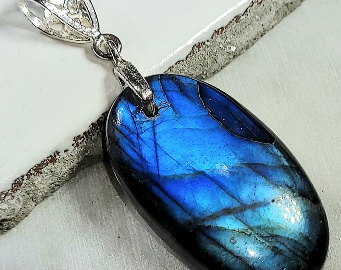 Natural High Grade Blue Flash Labradorite Cabochon .925 Sterling Silver Pendant 2 1/8" x 13/16" ED02 Heavy Duty Designer Bail