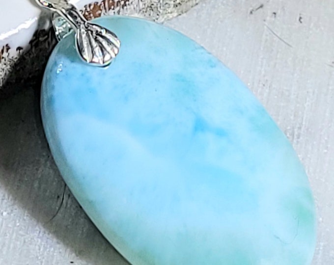 Natural Good Quality Larimar Cabochon .925 Sterling Silver Pendant 1 1/2" x 3/4" 4 Grams EC28 Sterling Silver Bail