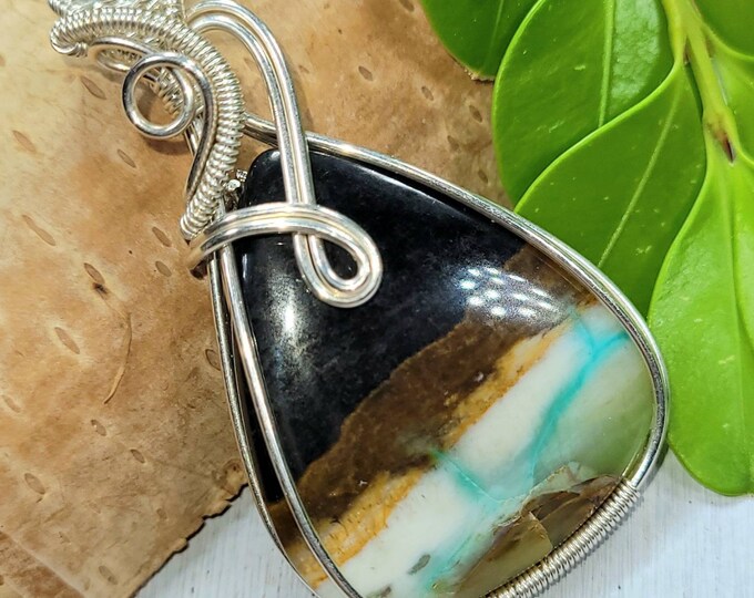 Blue Opalized Wood Pendant, Petrified Wood Sterling Silver Wire Wrapped Pendant, Handmade Pendant, Statement Pendant, FD40
