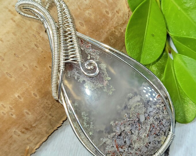 Moss Agate Pendant, Wire Wrapped Moss Agate Sterling Silver Pendant, Solid Sterling Wire wrapped, Gift for Her, Statement Pendant, FE18