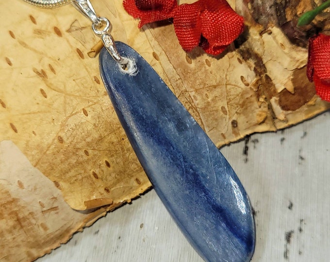 Natural Kyanite Pear Cabochon .925 Sterling Silver Pendant 2" x 1/2" DC08 Sterling Silver Custom Bail