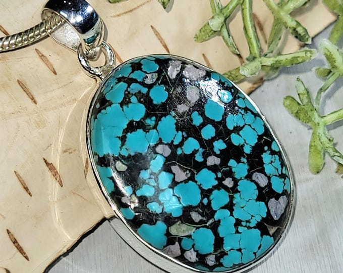 Tibet Turquoise Pendant, Tibet Turquoise Sterling Silver Pendant, Oval Turquoise Pendant, Handmade Turquoise Pendant, Boho Pendant, HT04