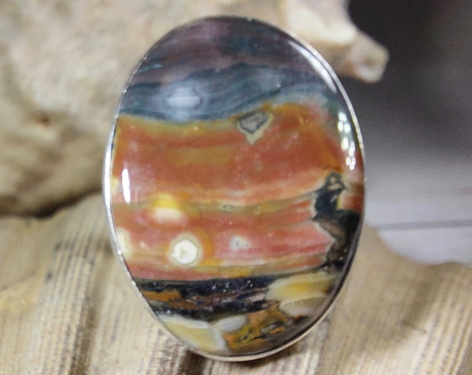 Natural Premium Grade Ocean Jasper Ring, Genuine Ocean Jasper Ring set in .925 Sterling Silver, Size 7 1/2