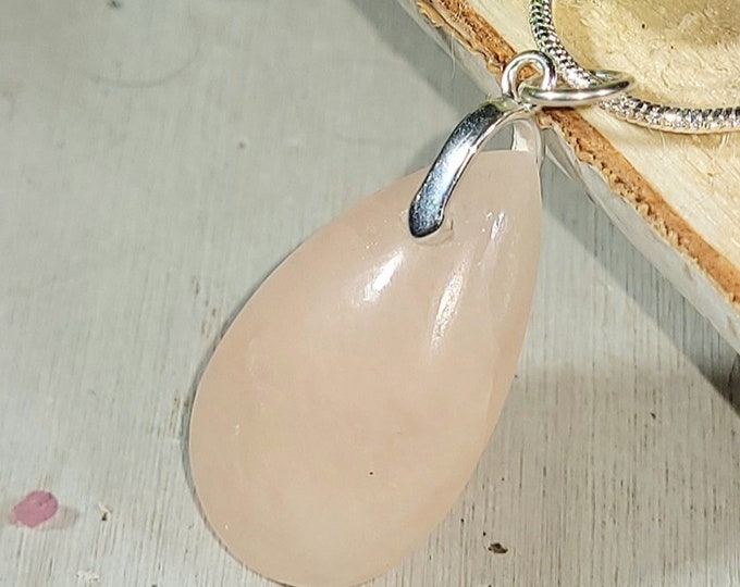 Natural Rare Morganite Pear Cabochon  .925 Sterling Silver Pendant 1 3/8" x 5/8" EH11 Sterling Silver Bail
