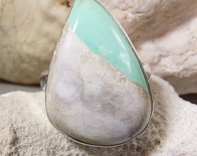 Natural Premium Variscite Sterling Silver Ring, Variscite Pear Ring Size 9.75, Statement Ring, Boho Ring, GN